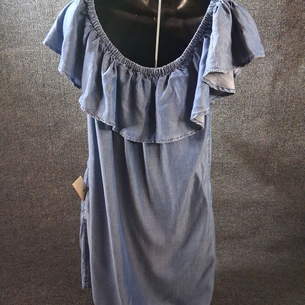 Tommy Bahama Blue Tencel Chambray Ruffle Off Shoulder Mini Dress Size S Pockets - Picture 6 of 6